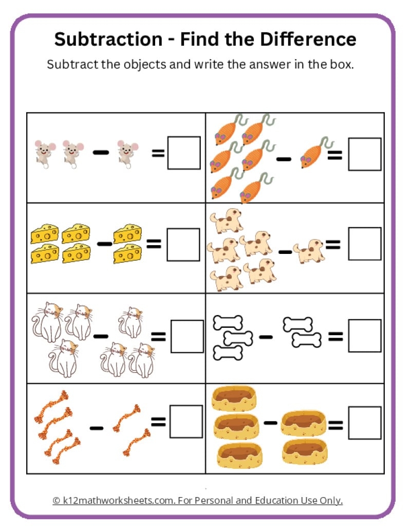kindergarten subtraction worksheets