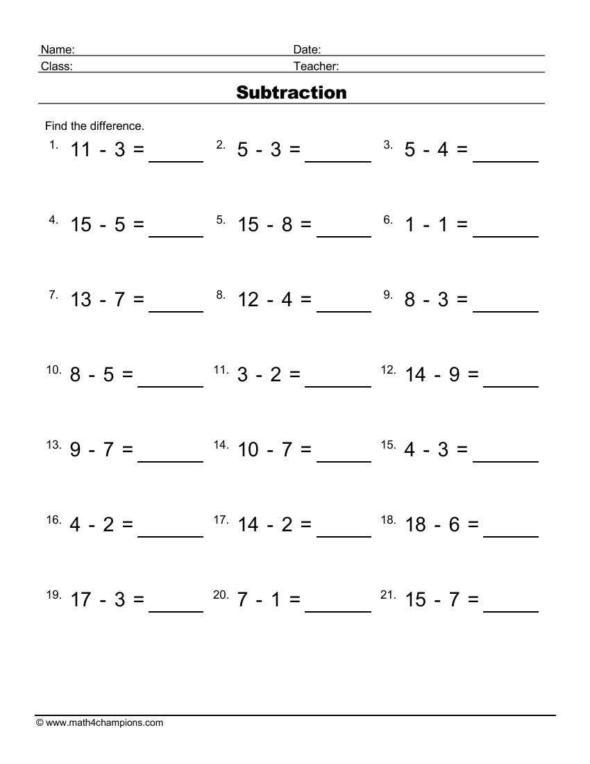 Subtraction Math Worksheets Pdf Printable Math Champions