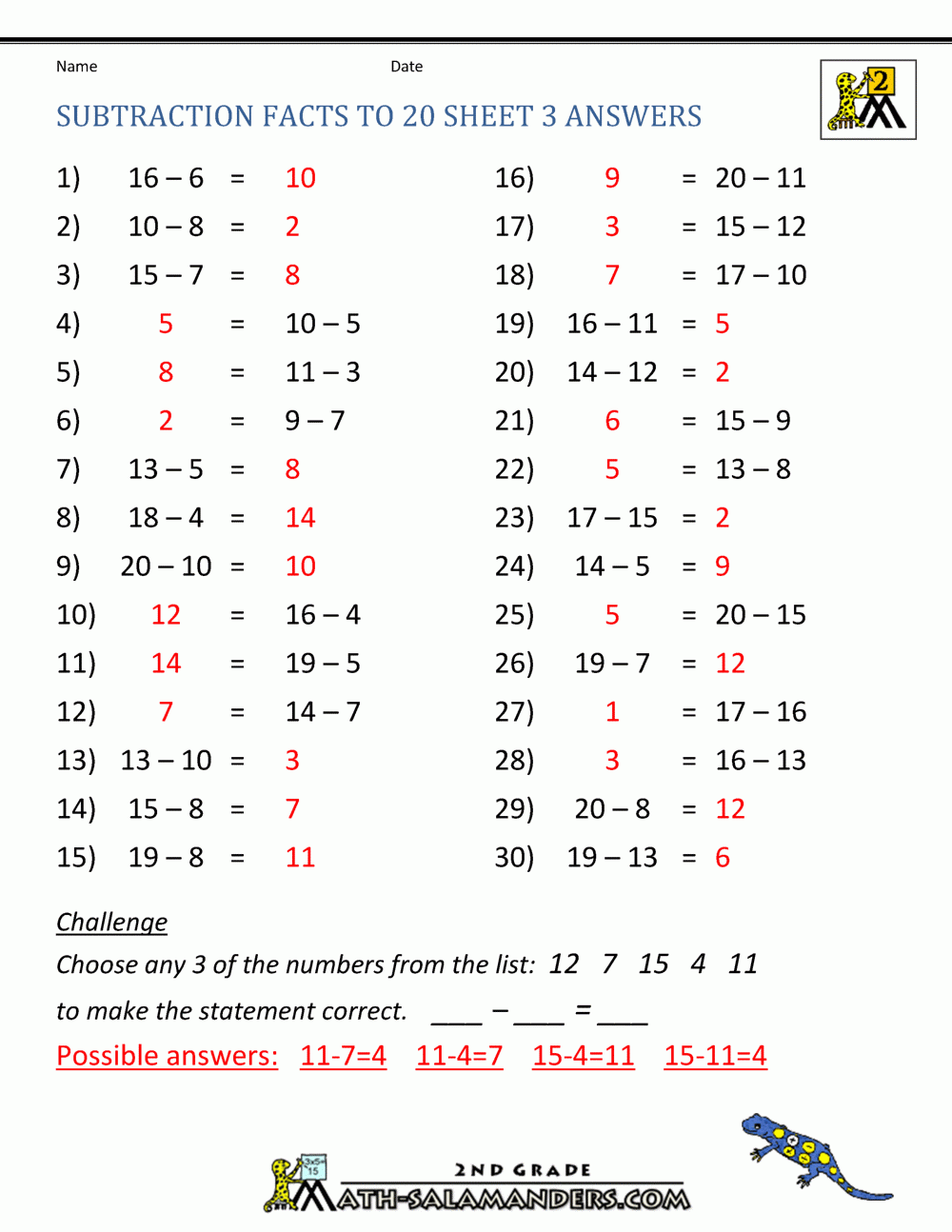 Subtraction To 20