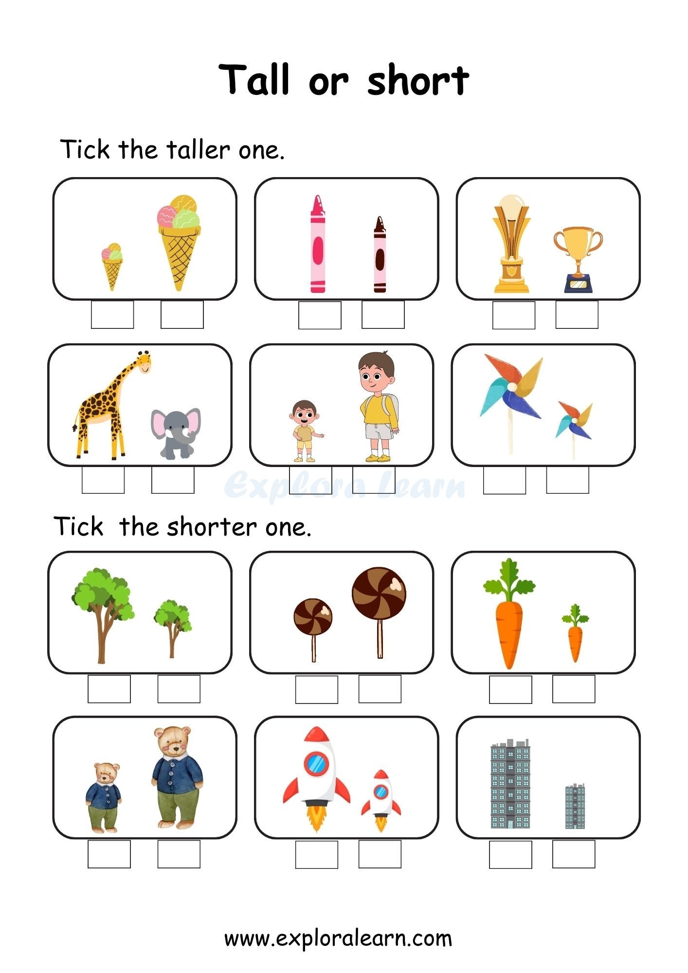 Tall And Short Comparison Worksheets For Preschool And Kindergarten 2 To 6 Years Kids