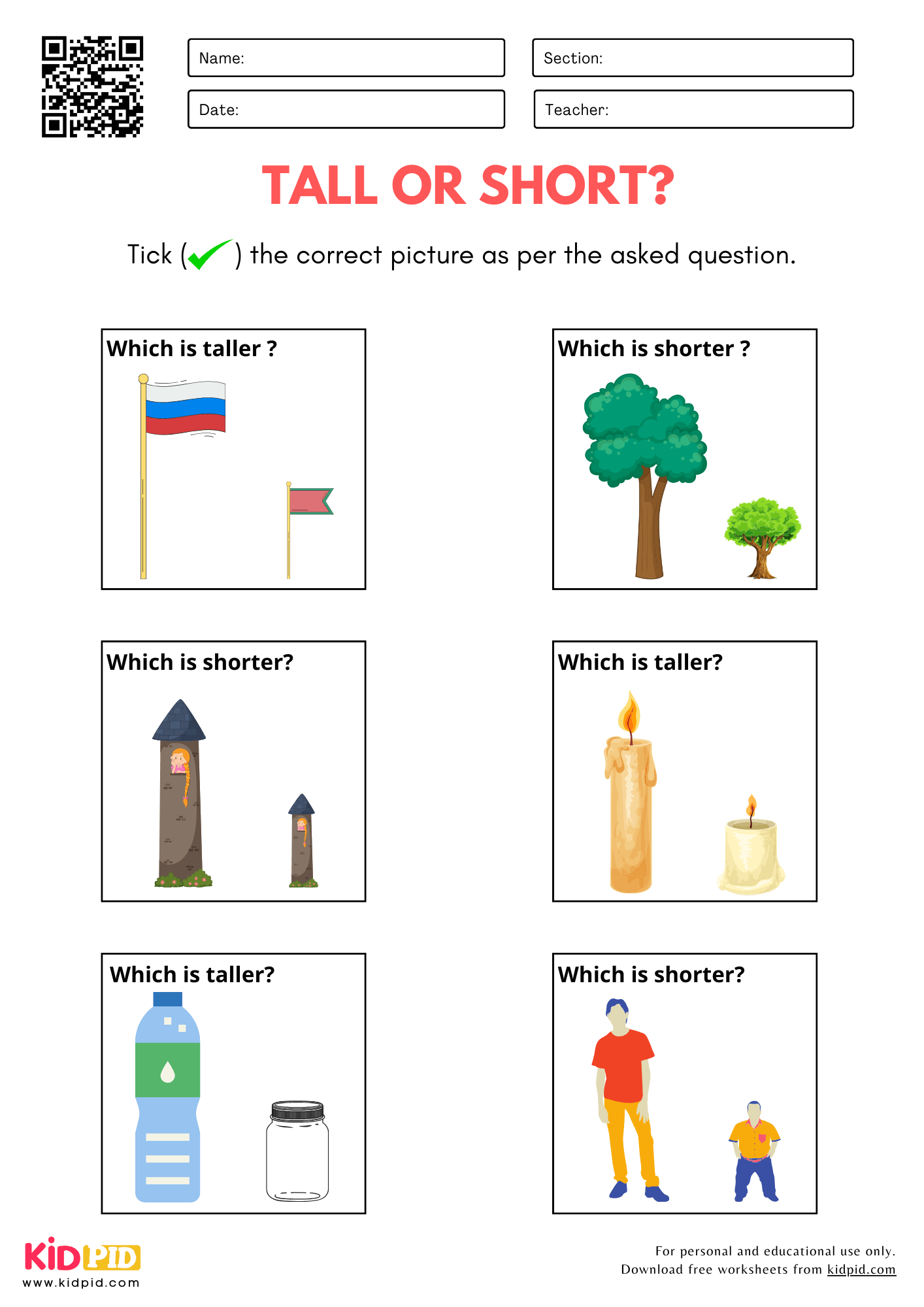 Tall Or Short Size Comparison Worksheet For Kindergarten Kidpid