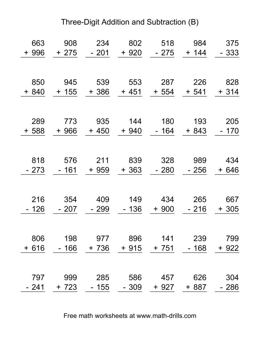 three digit addition subtraction worksheets
