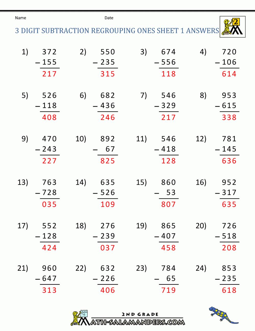 Three Digit Subtraction With Regrouping Worksheets