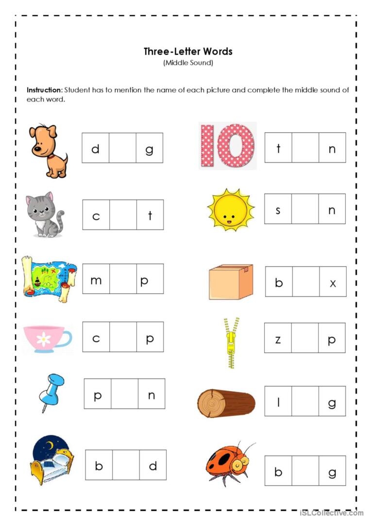 Three letter Words Middle Sound English ESL Worksheets Pdf Doc