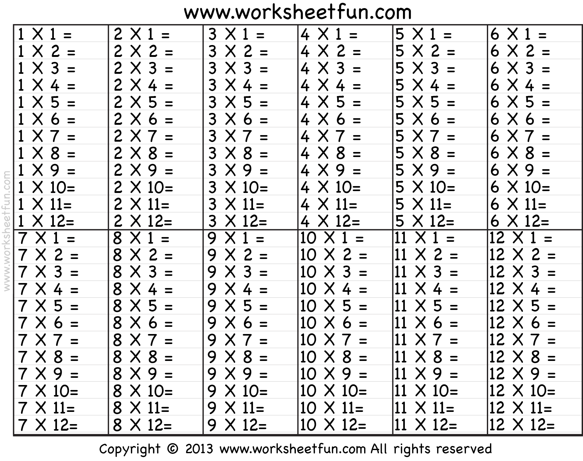 times tables 2 to 12