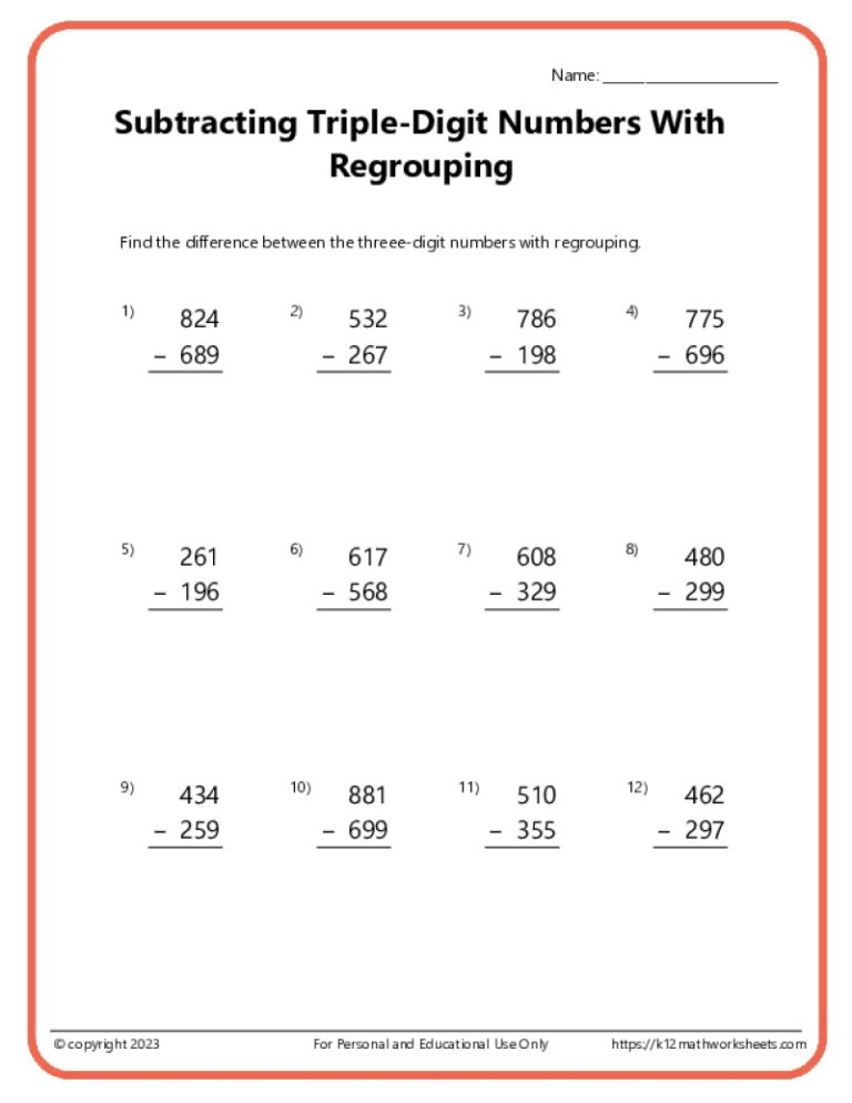 Triple Digit Subtraction With Regrouping Worksheets