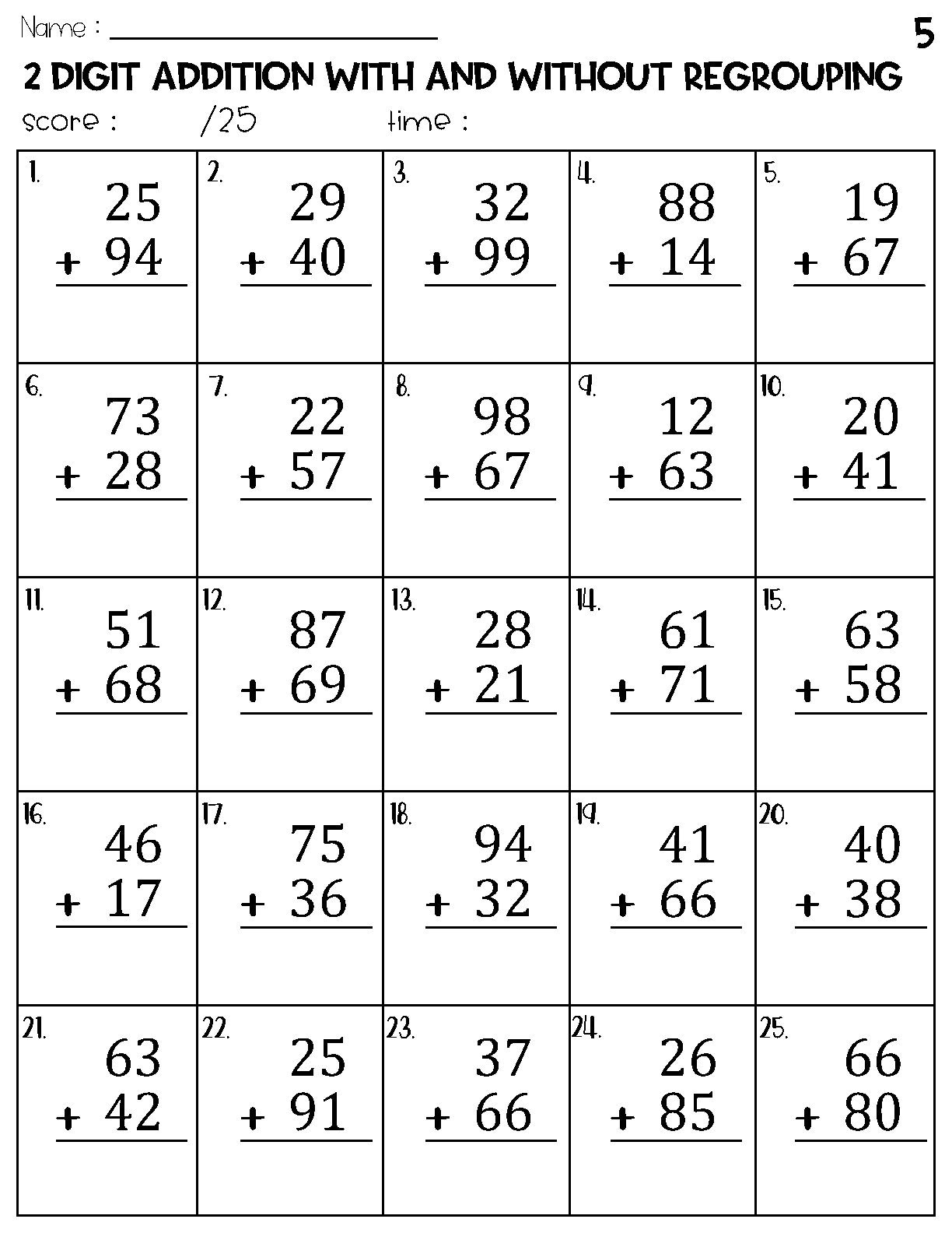 Two Digit Addition With And Without Regrouping Worksheets Etsy