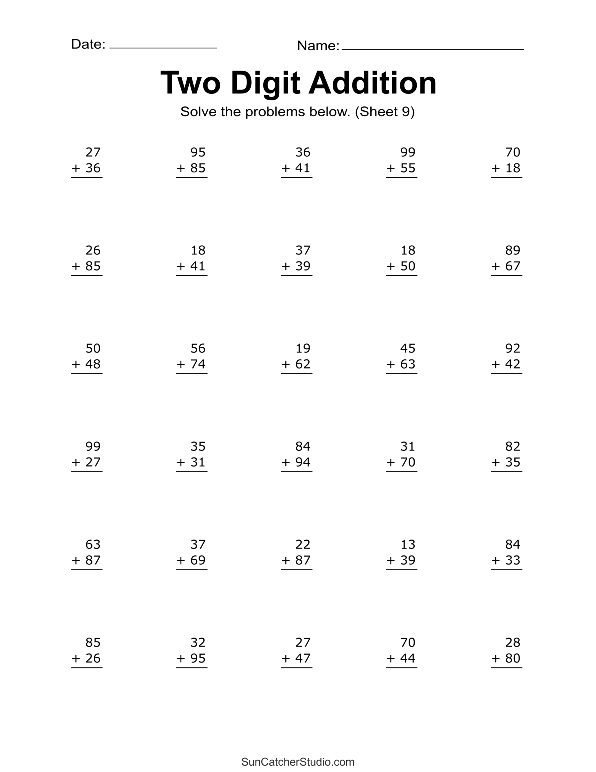 addition 2 digit numbers worksheet