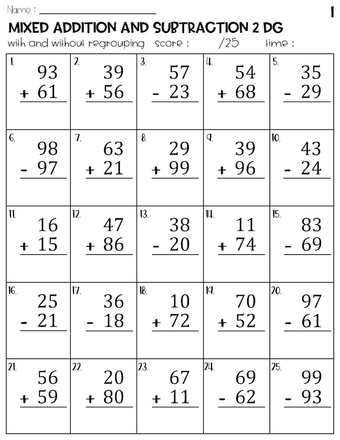 Two Digit Mixed Addition And Subtraction With And Without Regrouping Worksheets Etsy Israel