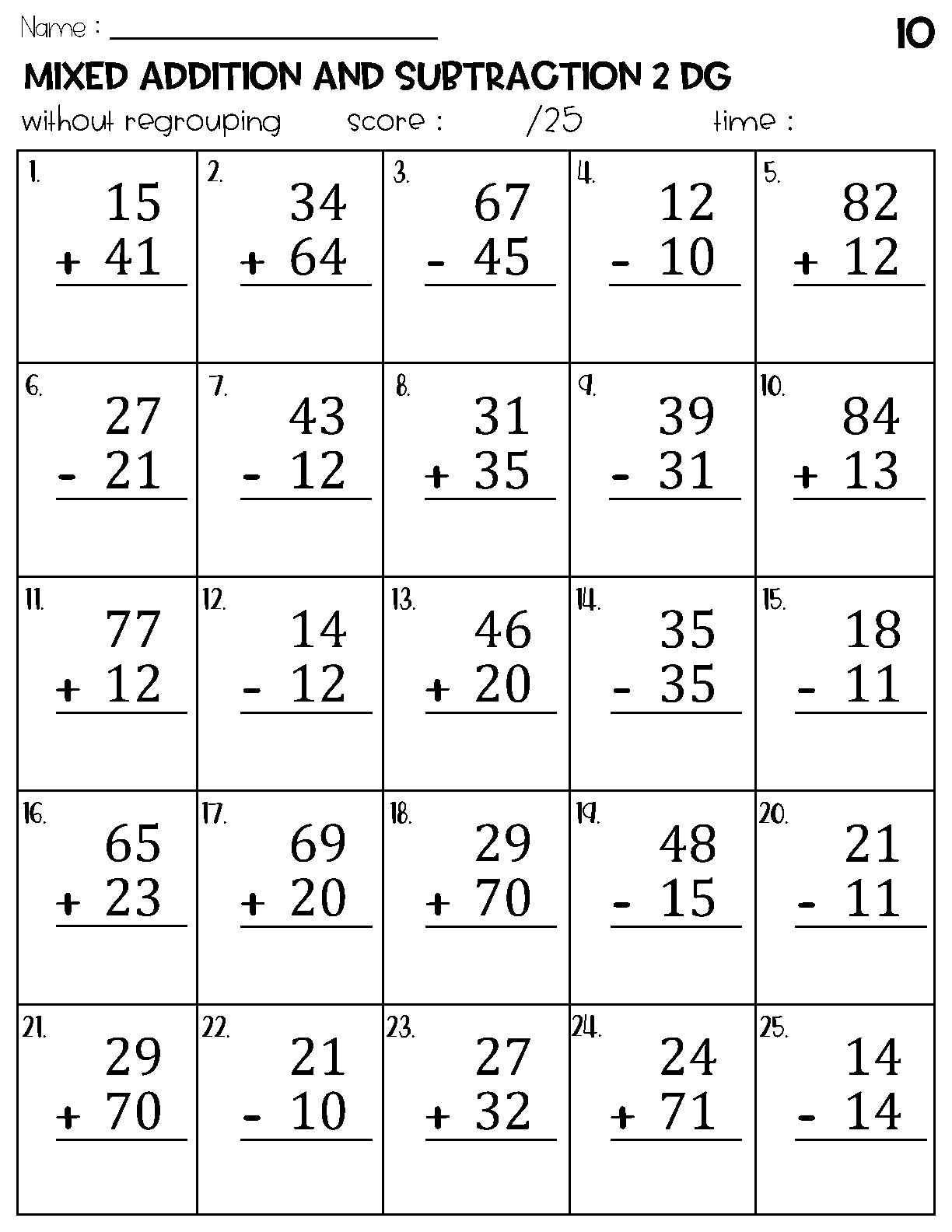 Two Digit Mixed Addition And Subtraction Without Regrouping Worksheets Etsy