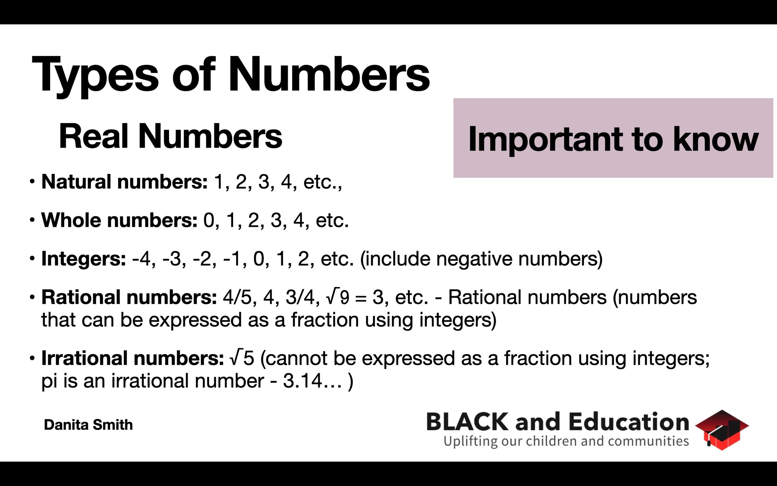 Types Of Numbers Natural Whole Integers Rational And Irrational BLACK And Education