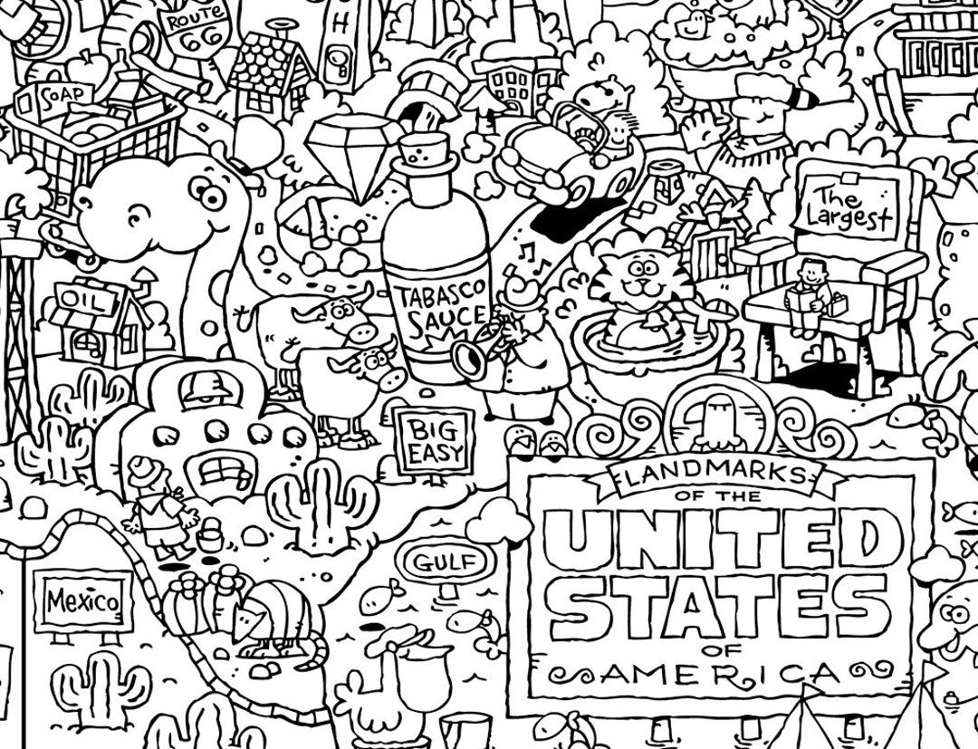 USA Landmark Map COLORING PAGE Etsy
