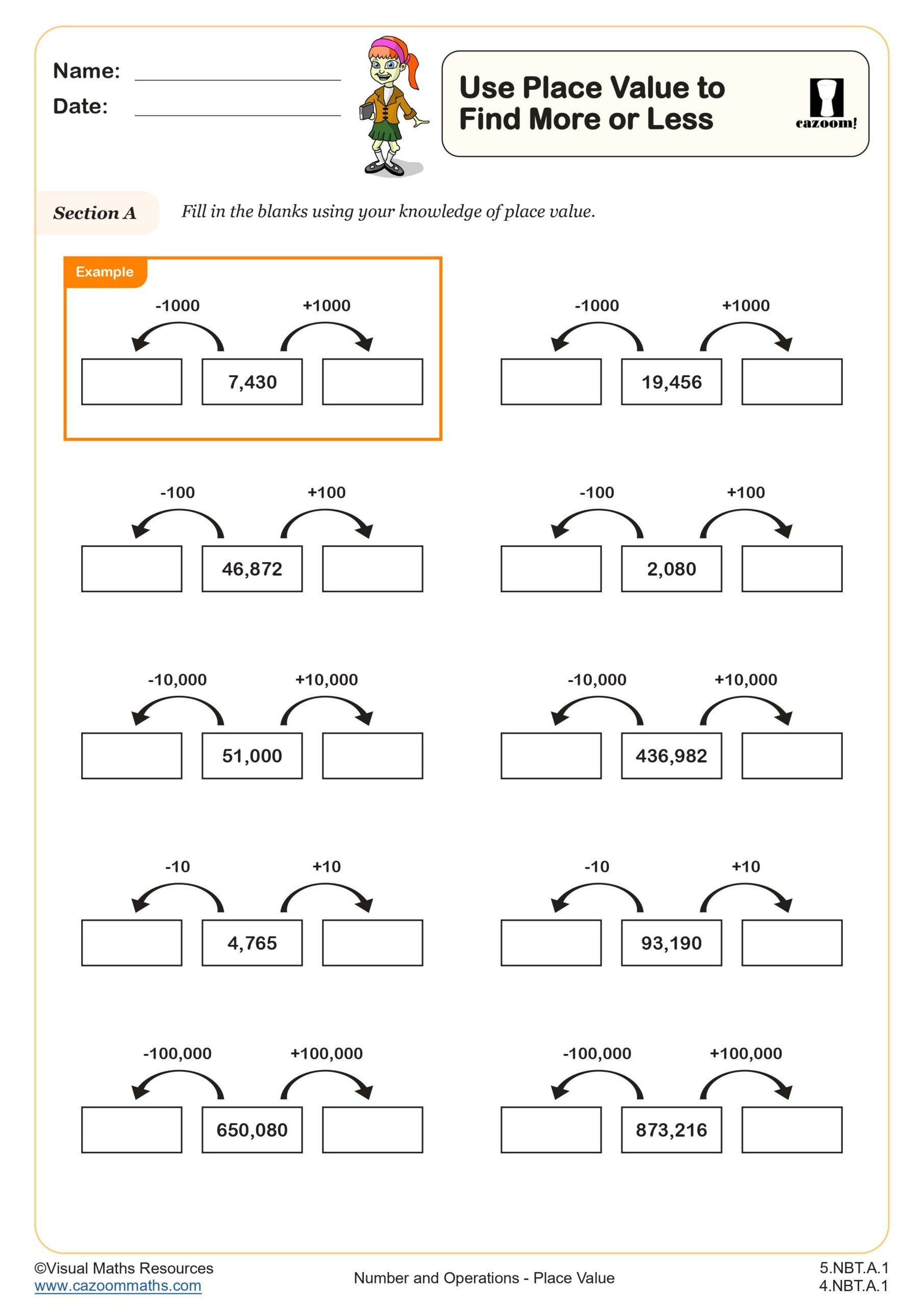 Use Place Value To Find More Or Less Worksheet Printable PDF 4th And 5th Grade Number Operations Worksheet