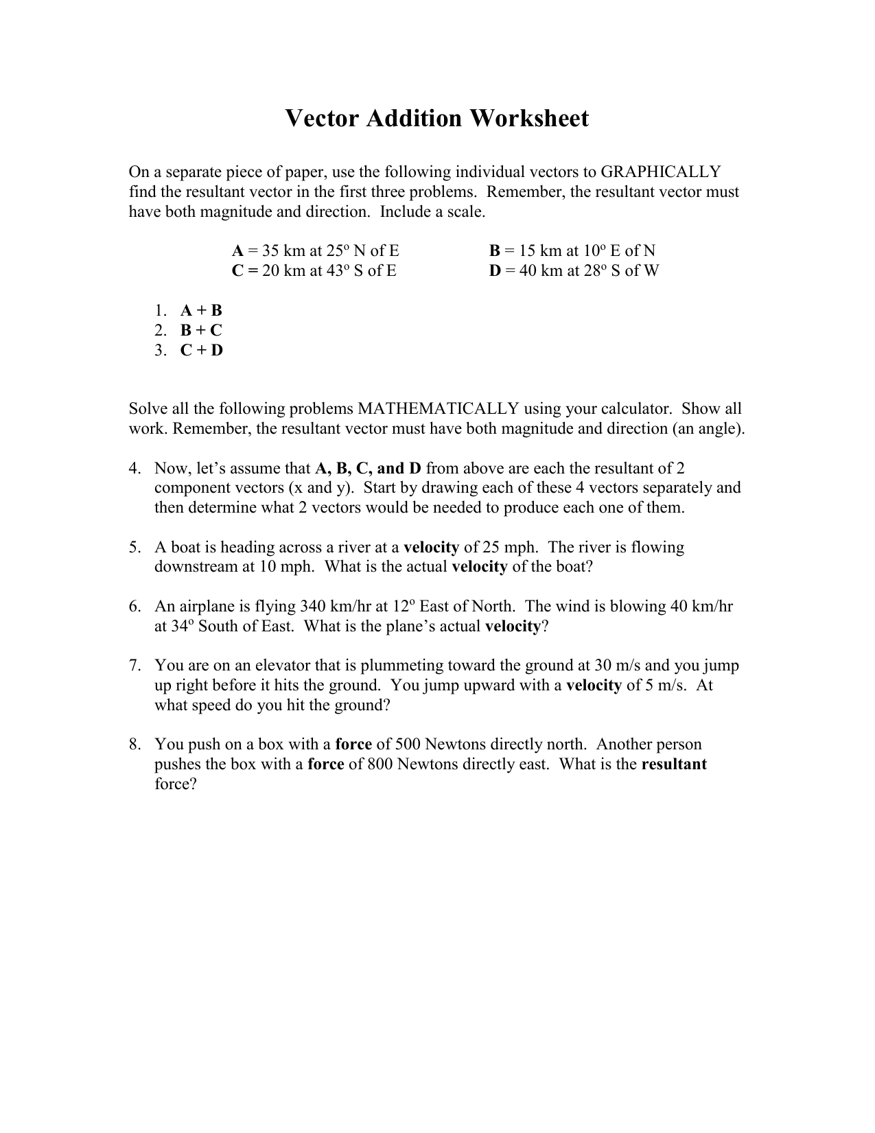vector addition worksheet