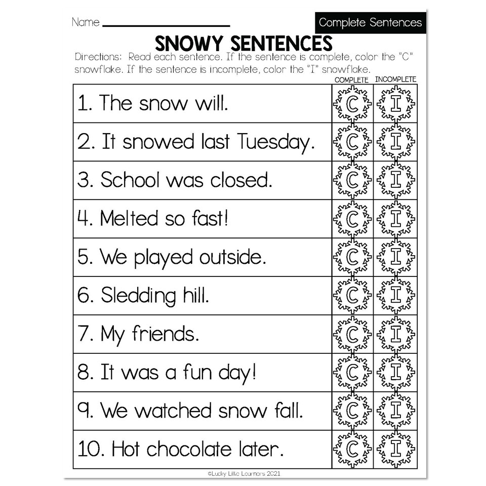 Winter Early Finishers 2nd Grade ELA Complete Sentences Snowy Sentences Lucky Little Learners