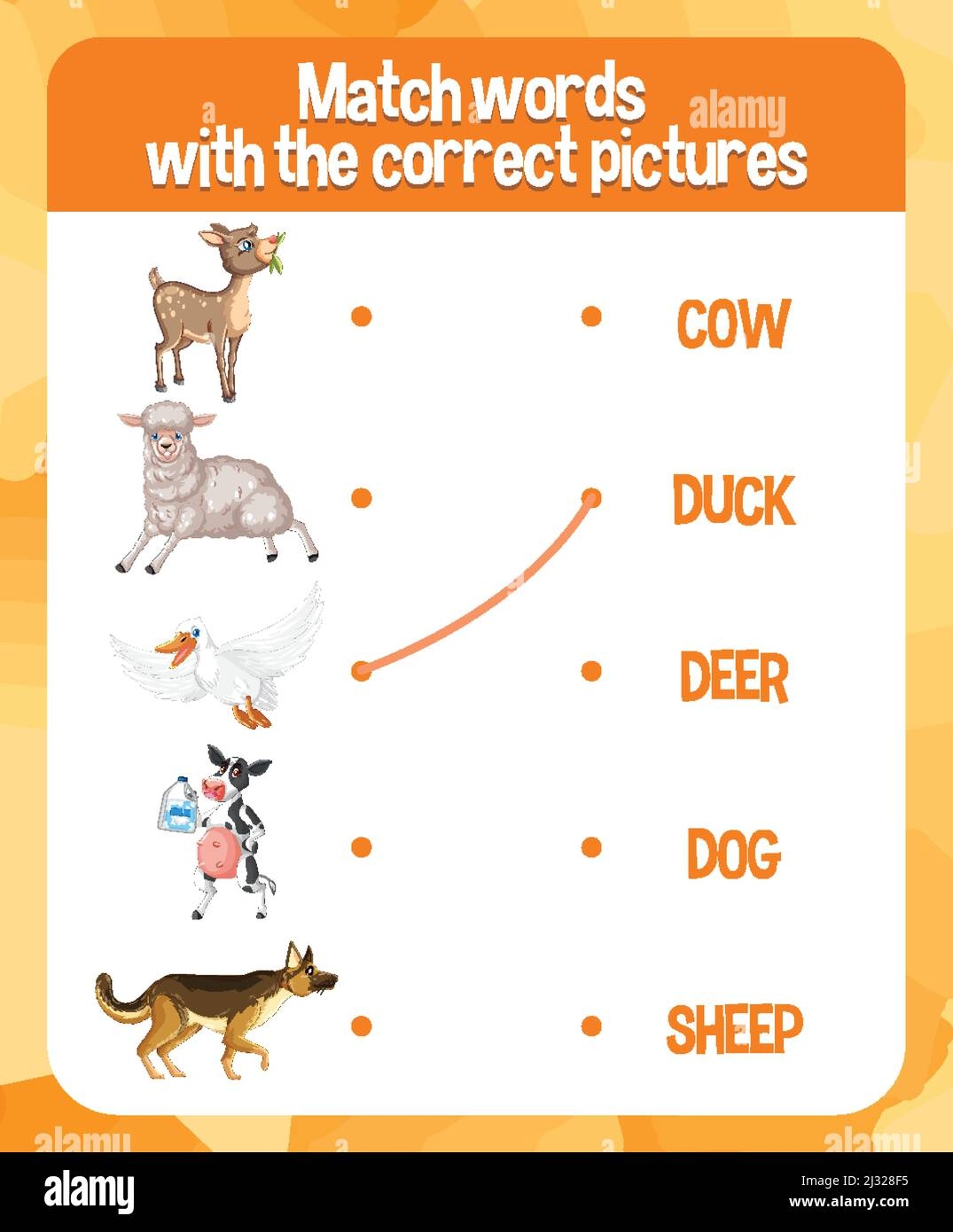 Word To Picture Matching Animal Worksheet For Children Illustration Stock Vector Image Art Alamy