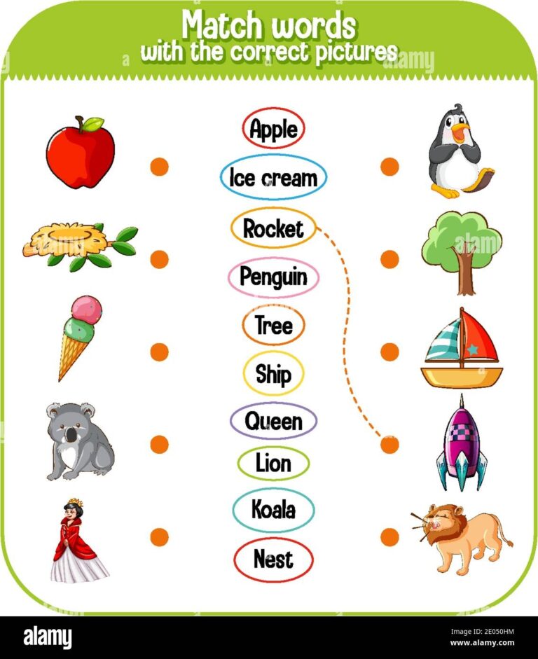 Word To Picture Matching Worksheet For Children Illustration Stock Vector Image Art Alamy