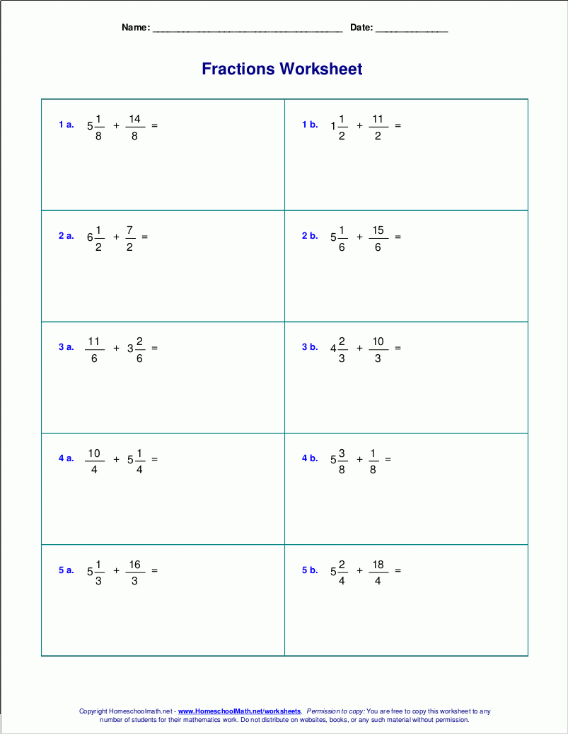 addition and subtraction of fractions worksheets