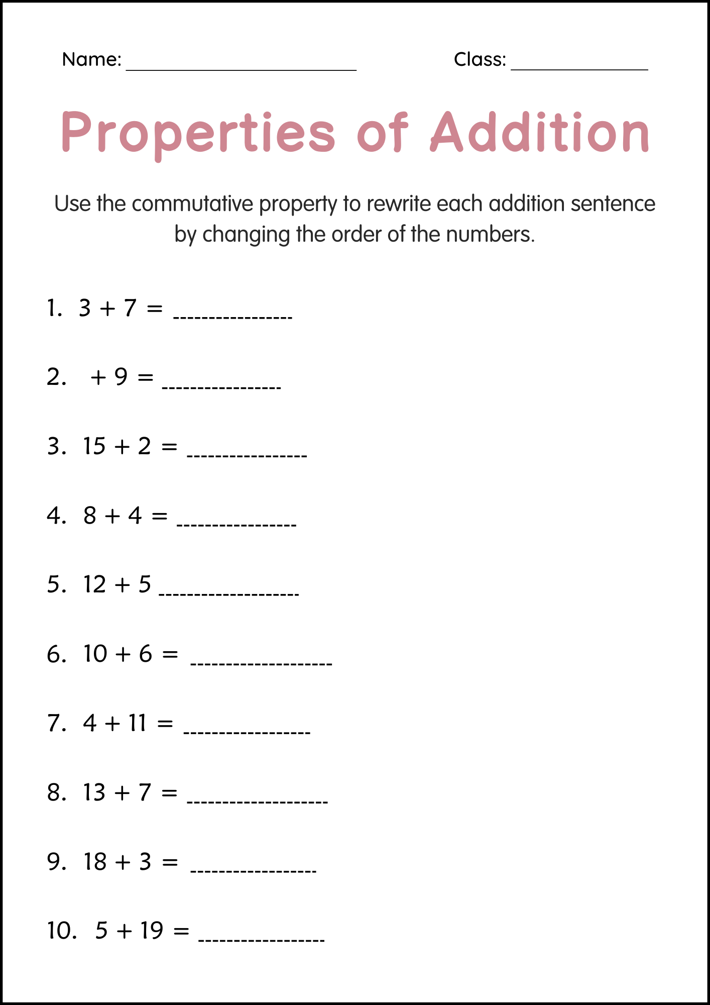 properties of addition worksheet