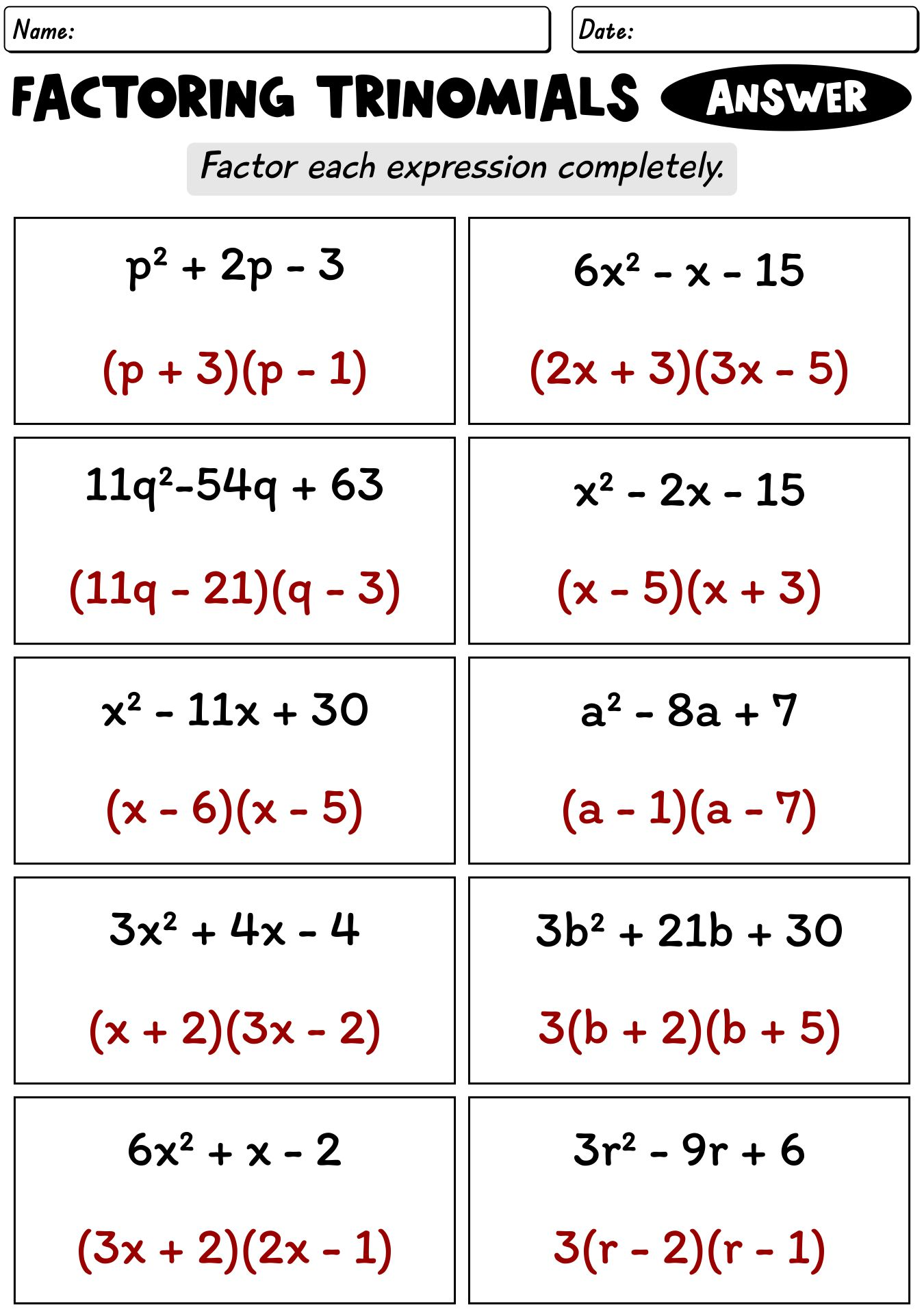factoring trinomials worksheet factoring trinomials worksheet