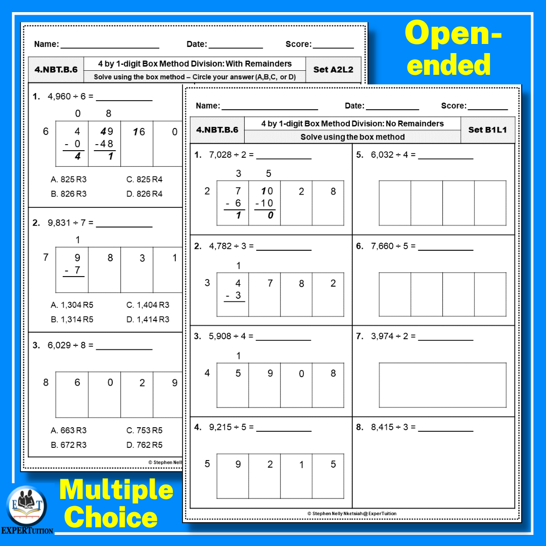 4 Digit By 1 Digit Box Method Division Worksheets 4th Grade Division With And Without Remainders Made By Teachers