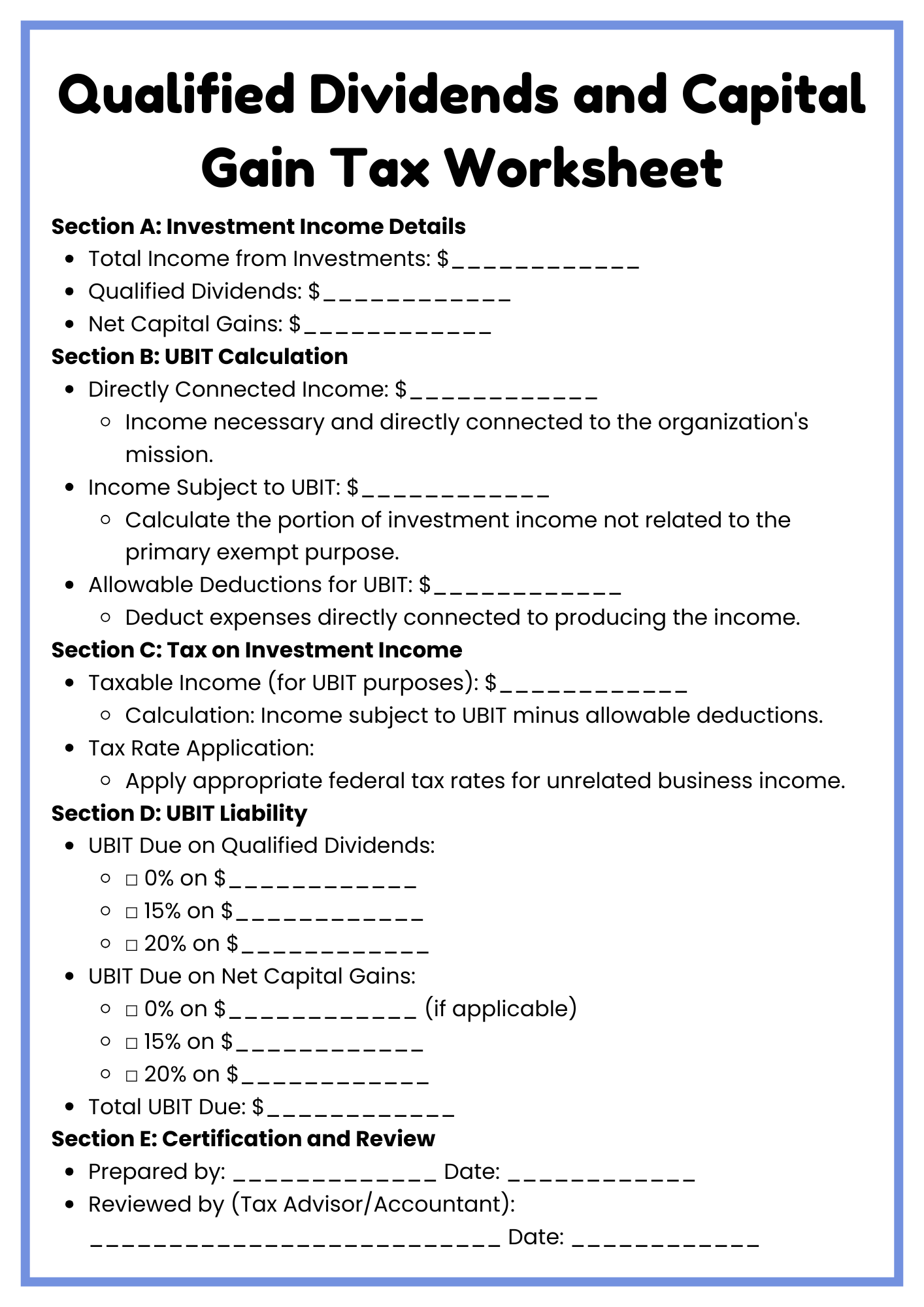40 Free Printable Qualified Dividends And Capital Gain Tax Worksheet Samples To Download In PDF