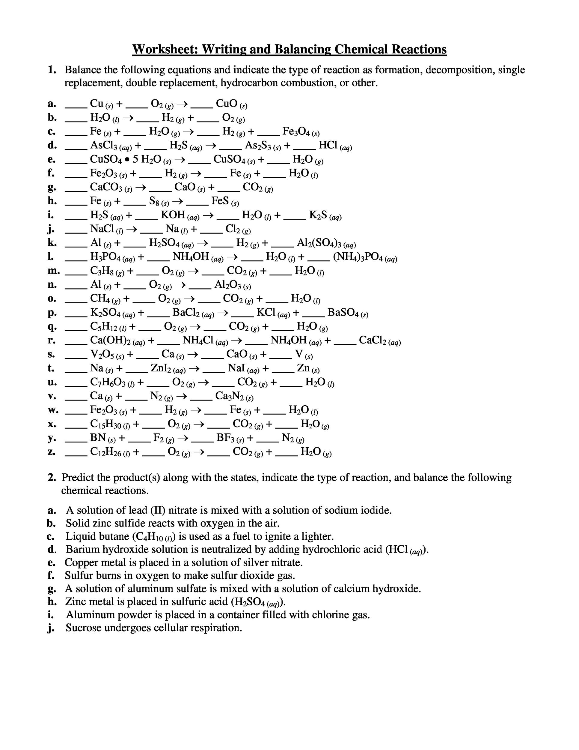balancing chemical equations worksheet