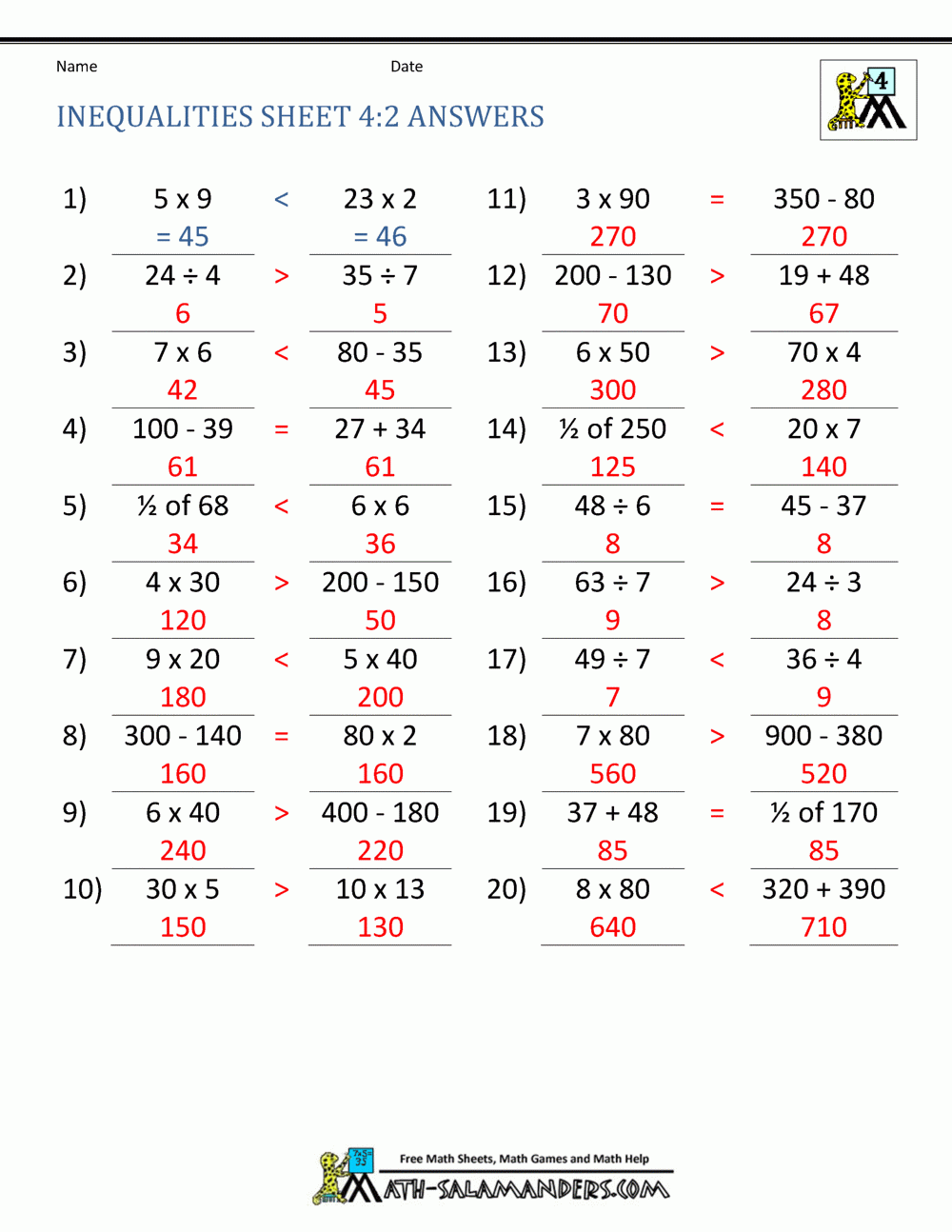 4th grade math worksheets
