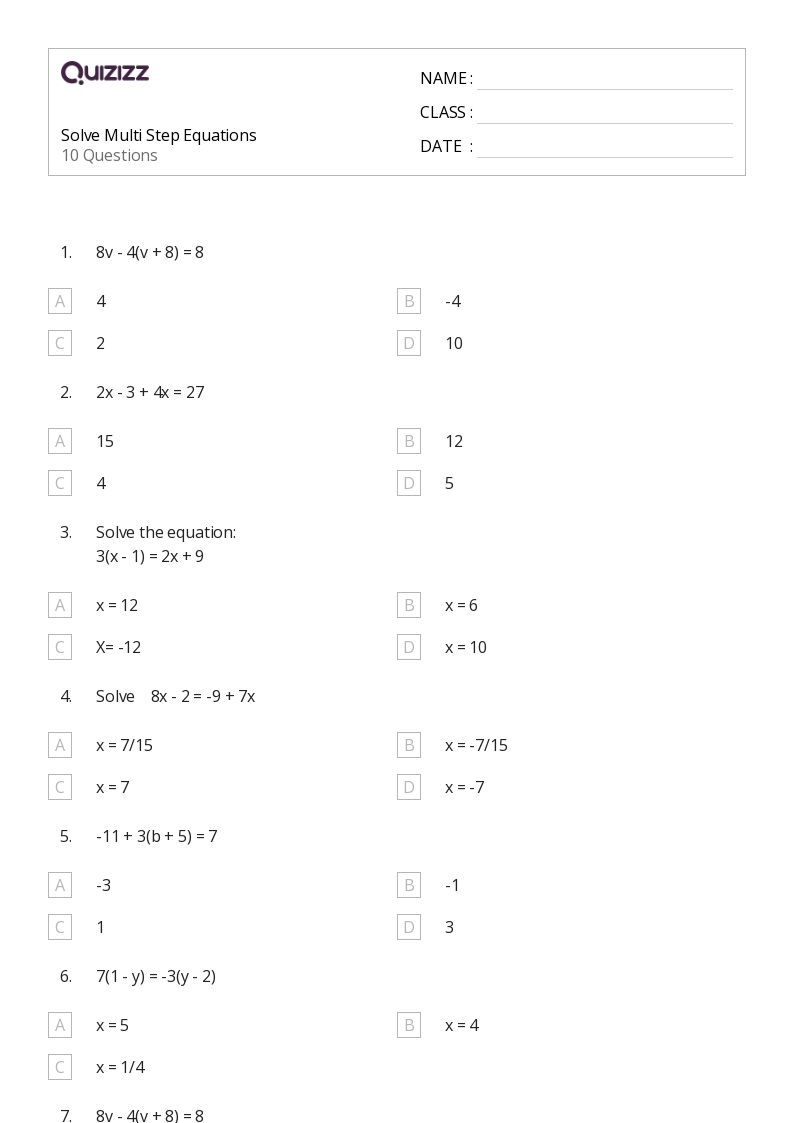 50 Multi Step Equations Worksheets For 8th Class On Quizizz Worksheets Library