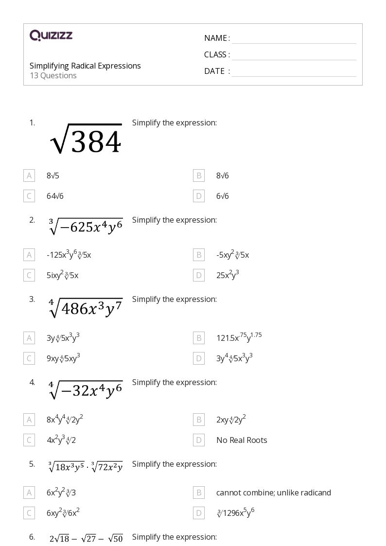 simplifying radicals worksheet