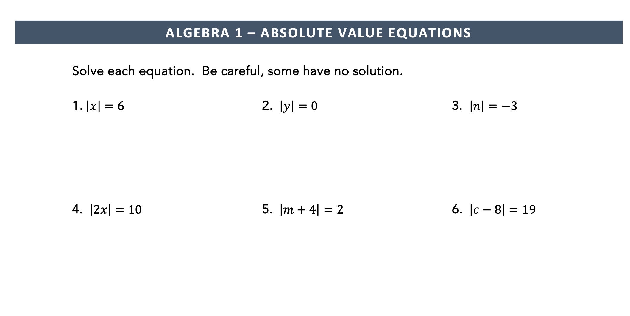 Absolute Value Equations Worksheet Algebra 1 Practice PDF Etsy