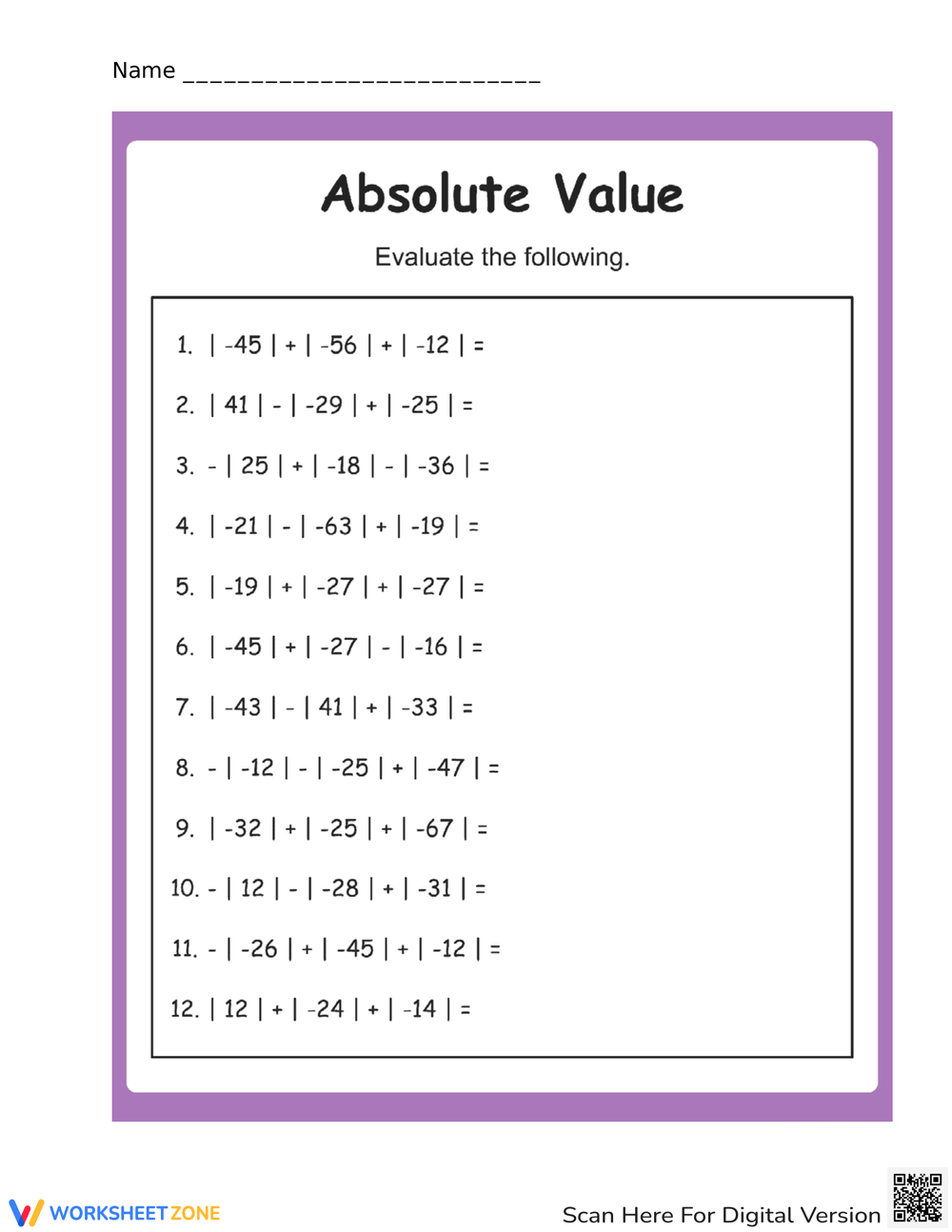absolute value worksheets
