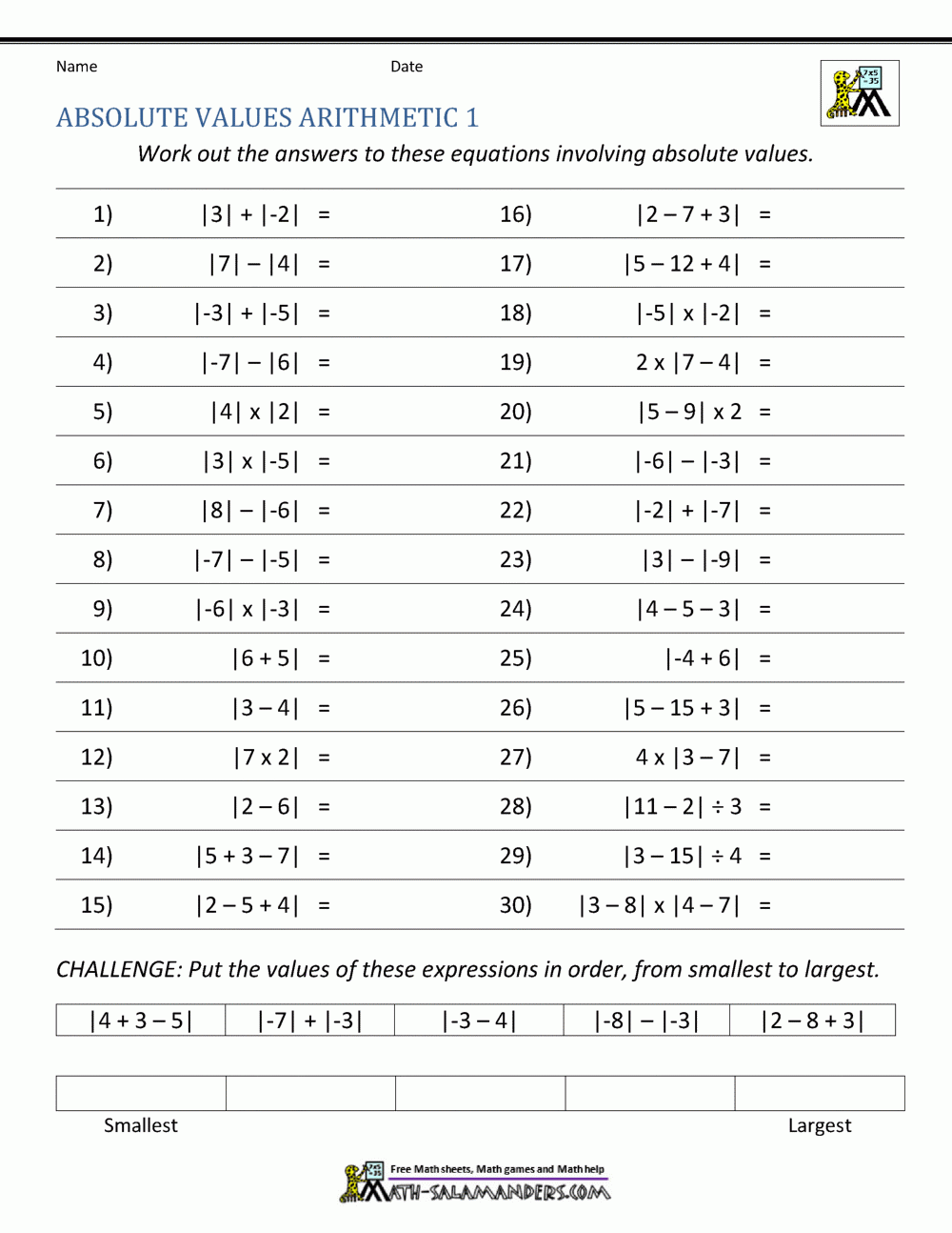 Absolute Value Worksheets