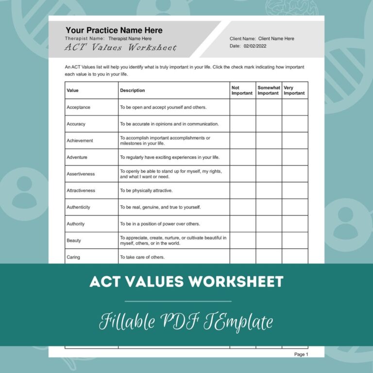 ACT Values Worksheet Editable Fillable PDF For Counselors Psychologists Social Workers Therapists Etsy