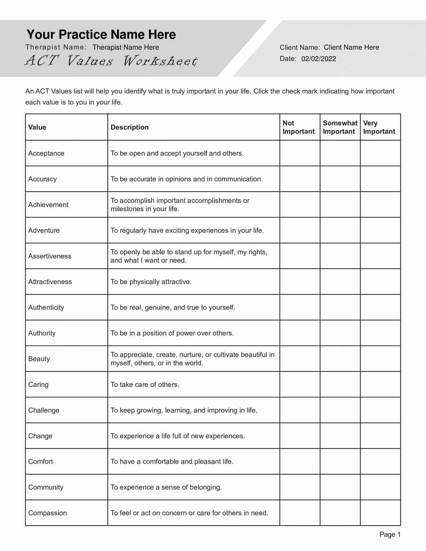 ACT Values Worksheet PDF Template TherapyByPro