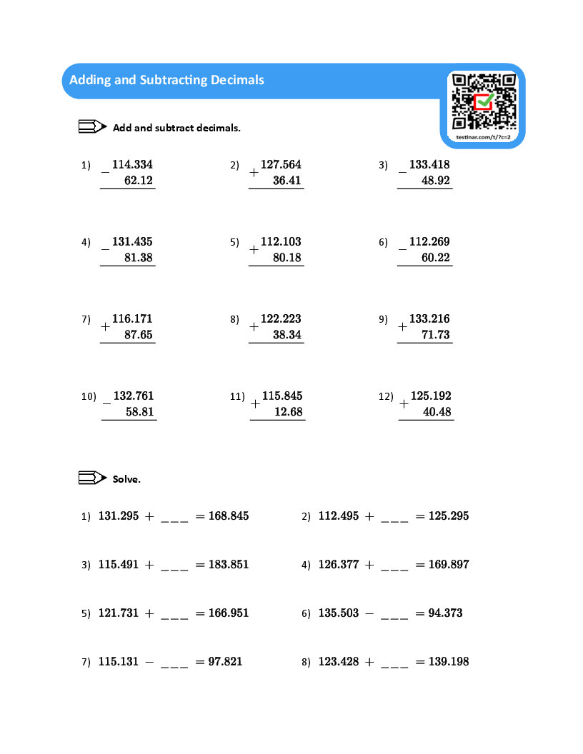 Adding And Subtracting Decimals Worksheets