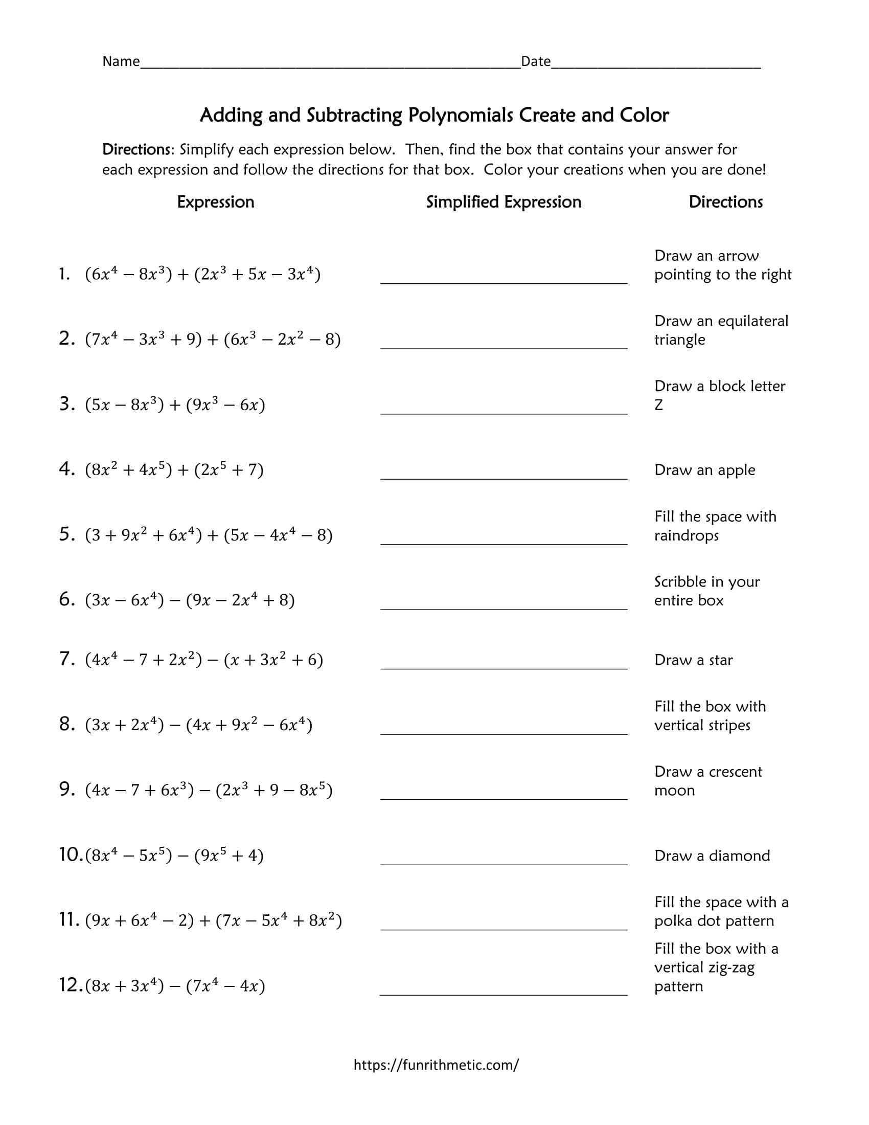 Adding And Subtracting Polynomials Create And Color Funrithmetic