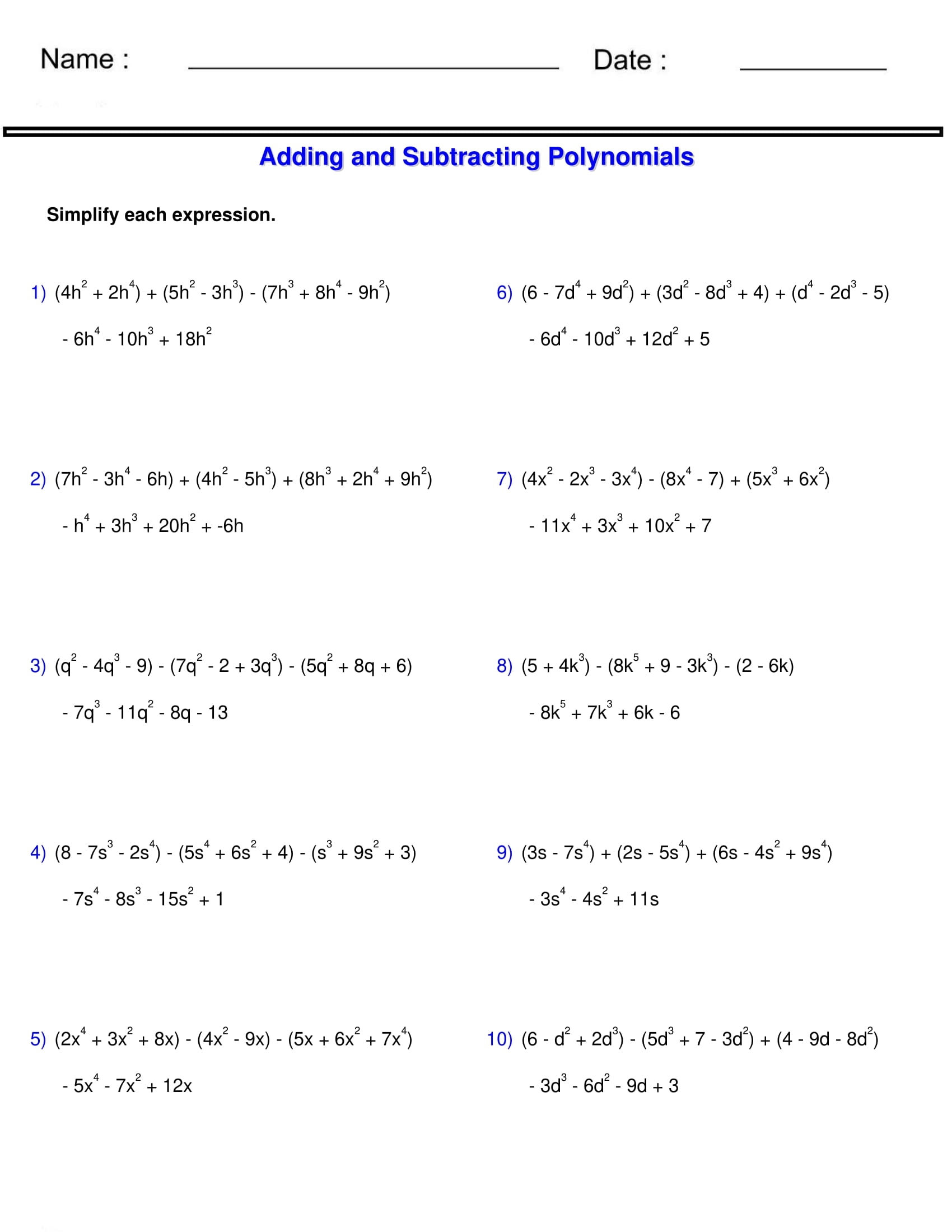 Adding And Subtracting Polynomials Worksheet 3 Polynomials Made By Teachers