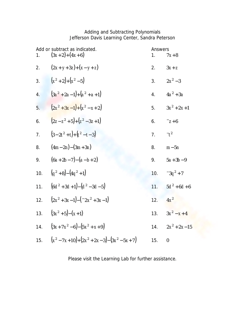 adding and subtracting polynomials worksheet adding and subtracting polynomials worksheet