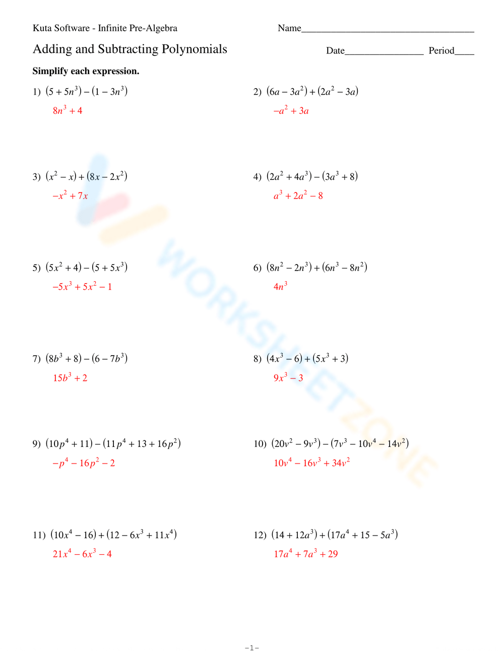 Adding And Subtracting Polynomials Worksheets