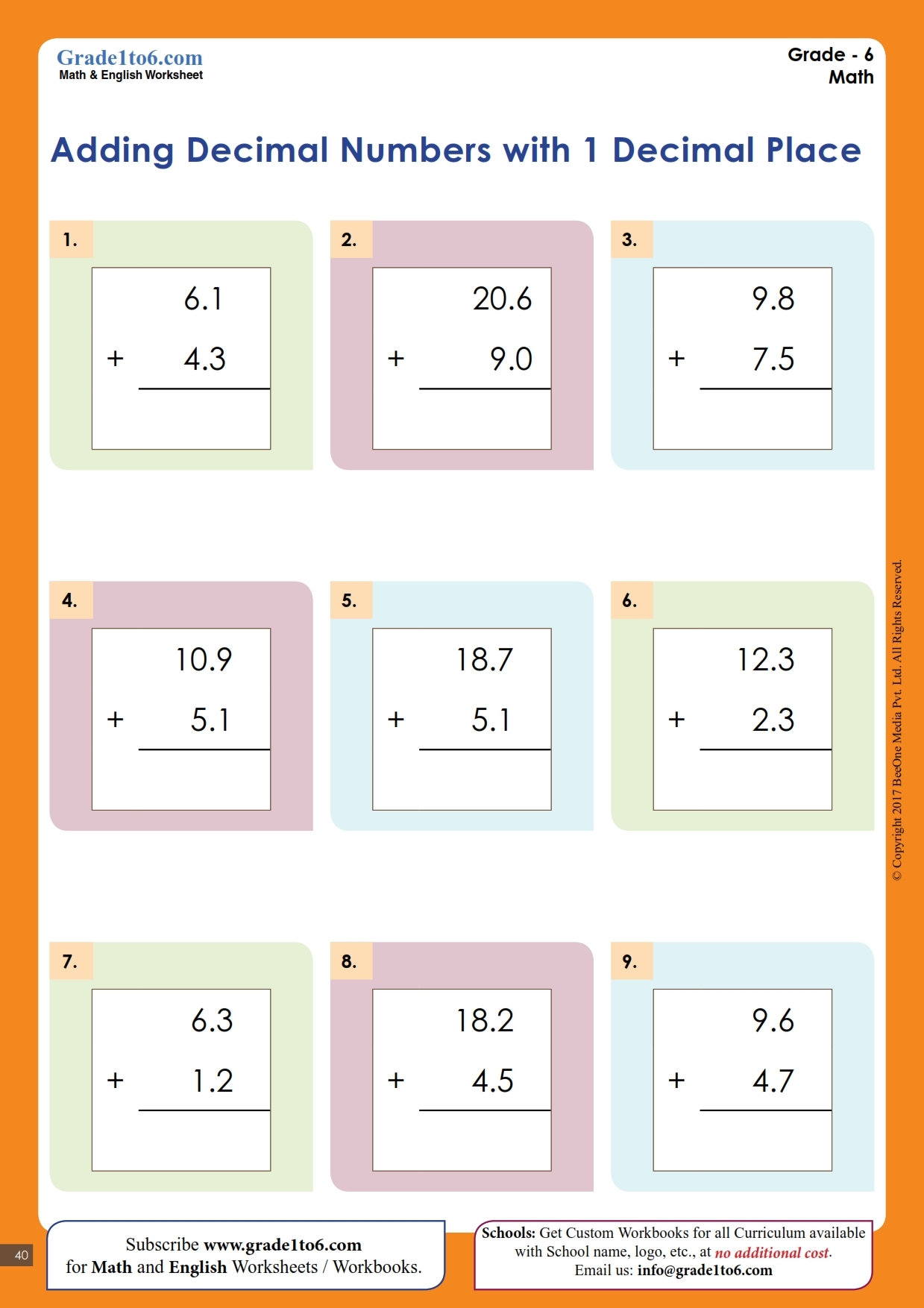Adding Decimals Worksheets MYP Common Core KS2 CBSE Worksheets Library