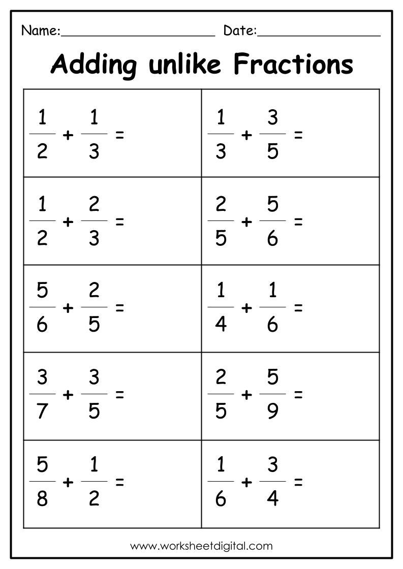 Adding Fractions With Unlike Denominators Worksheet Digital Worksheets Library