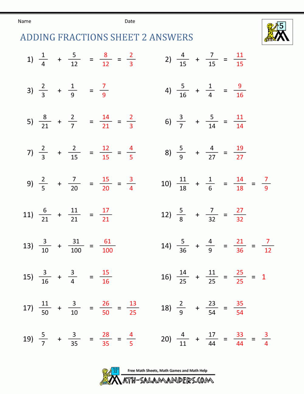 Adding Fractions Worksheets