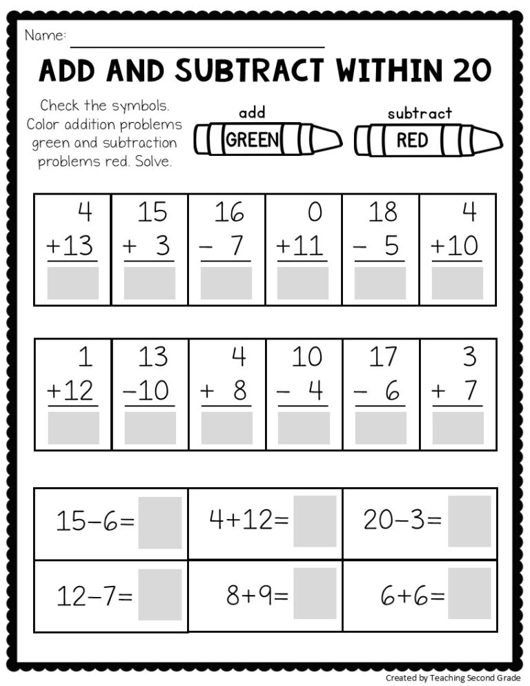 Addition And Subtraction Facts To 20 Worksheets Math Worksheets 1st 2nd Grade Teaching Ideas Made Easy