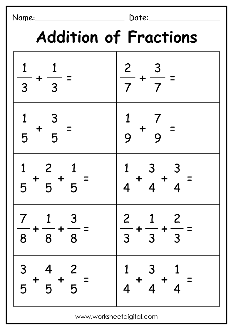 Addition Of Fractions Grade 4 Worksheet Digital Worksheets Library