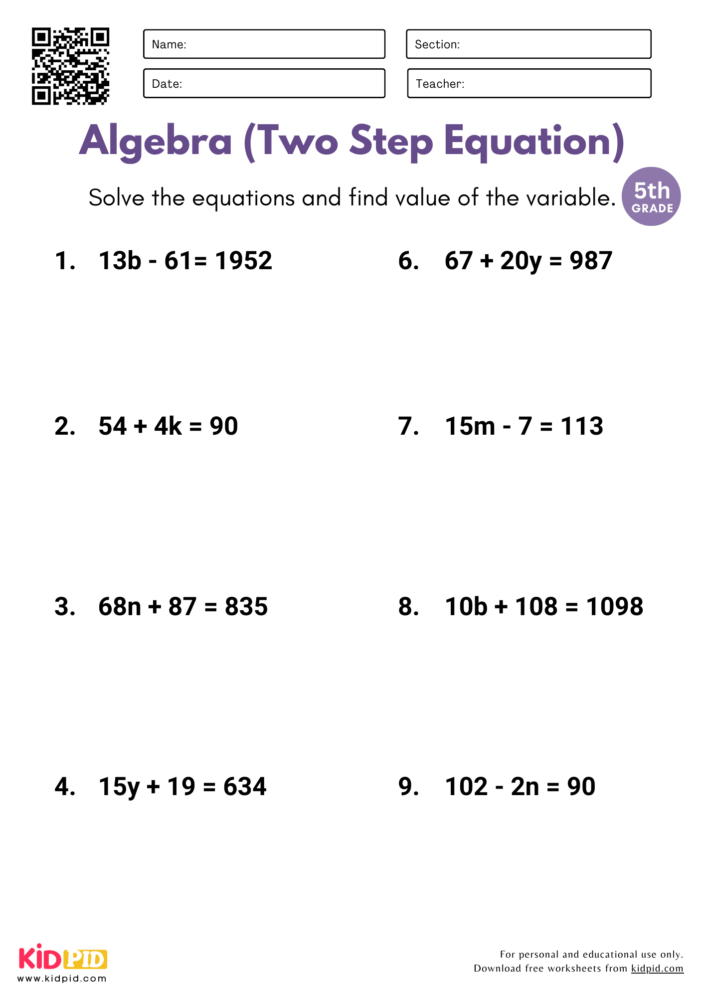 2 step equations worksheets