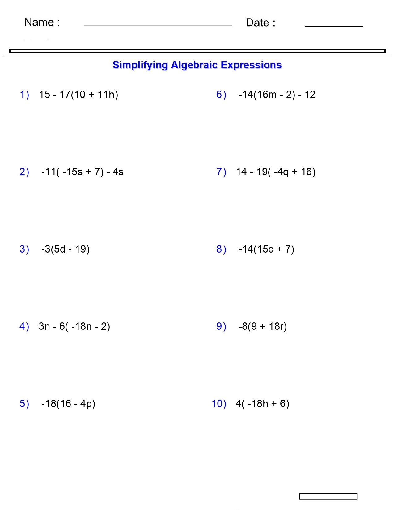 Algebraic Expressions Worksheets Distributive Property Worksheets 3 Terms Made By Teachers