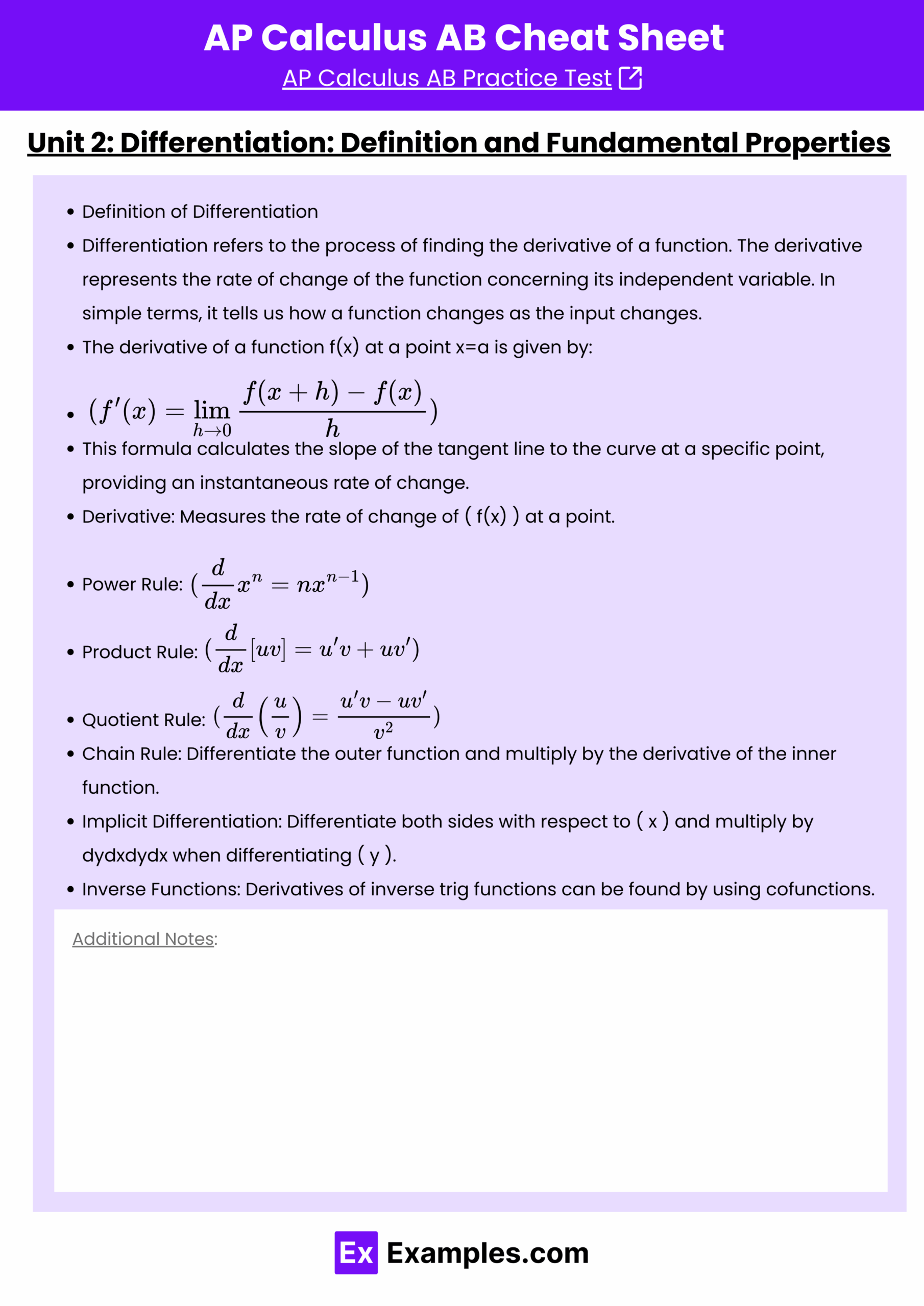 AP Calculus AB Cheat Sheet Free PDF Unit Wise Examples