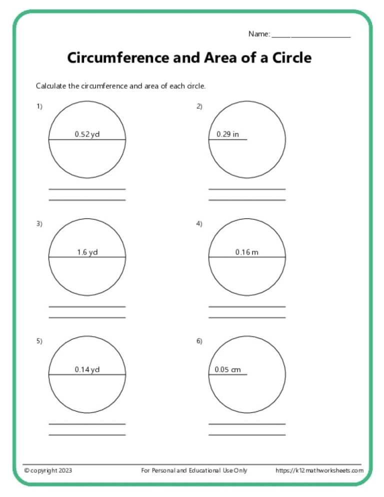 Area And Circumference Of Circles K12 Math Worksheets