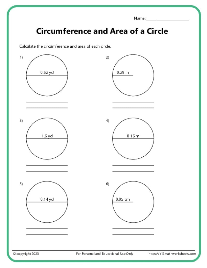 Area And Circumference Of Circles K12 Math Worksheets